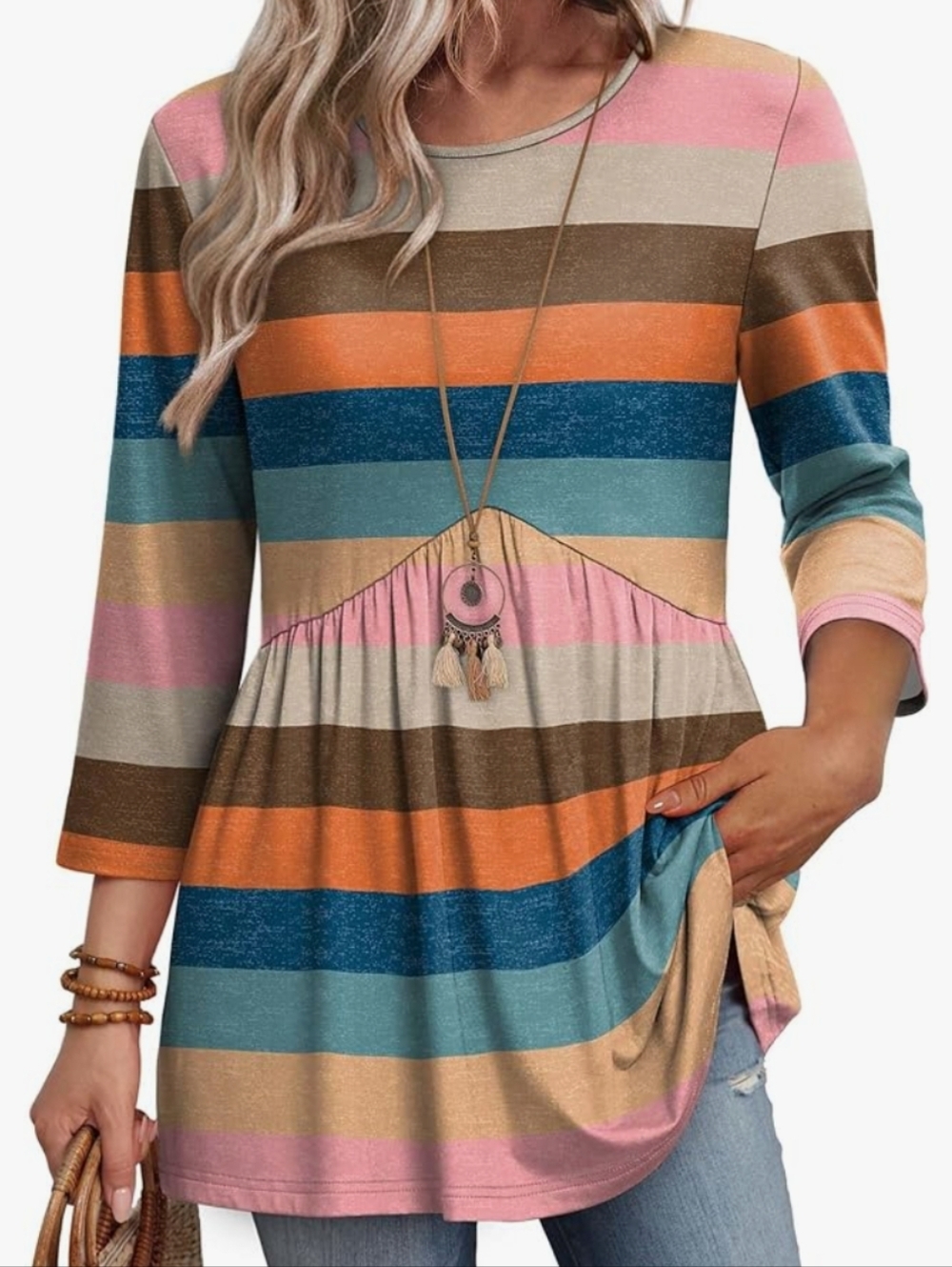 Striped Scoop Neck Tunic Top - Multicolor 3/4 Sleeves